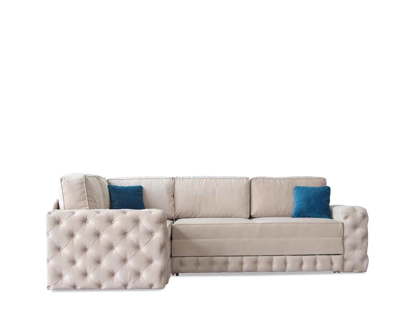 Ugaona garnitura na razvlačenje Melani Čester bež tkanina sa plavim jastucima, pogled spreda