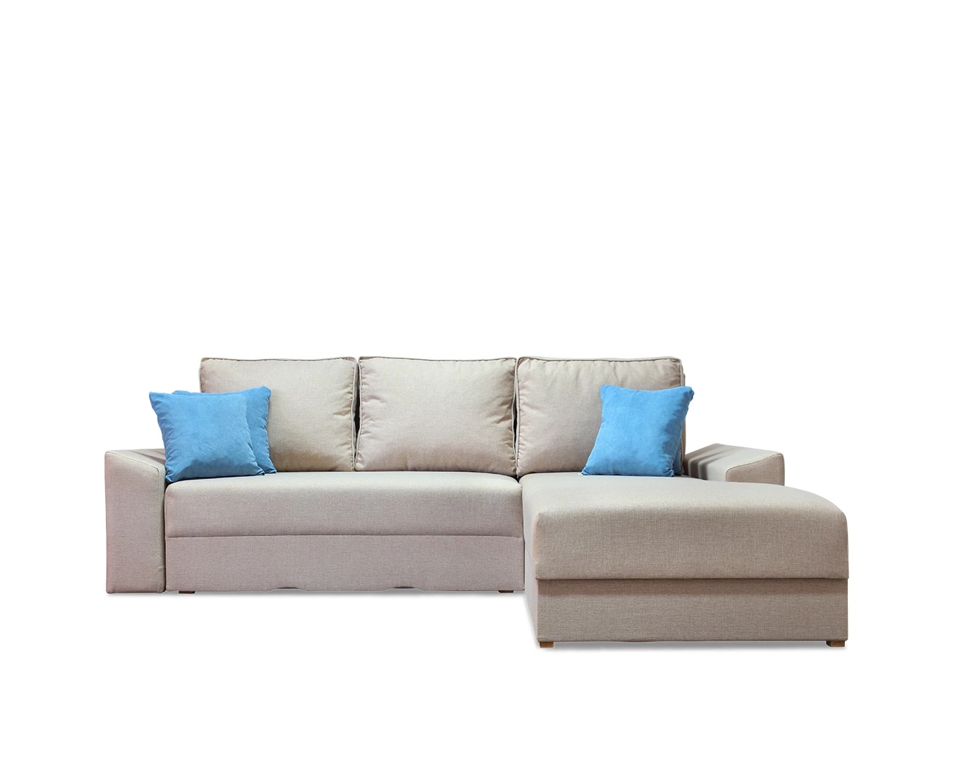 Ugaona garnitura Dora Fan na razvlačenje bež boje sa plavim jastucima, pogled spreda