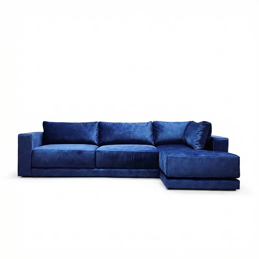 Ugaona garnitura Teodora tamno plava velur tkanina, pogled spreda