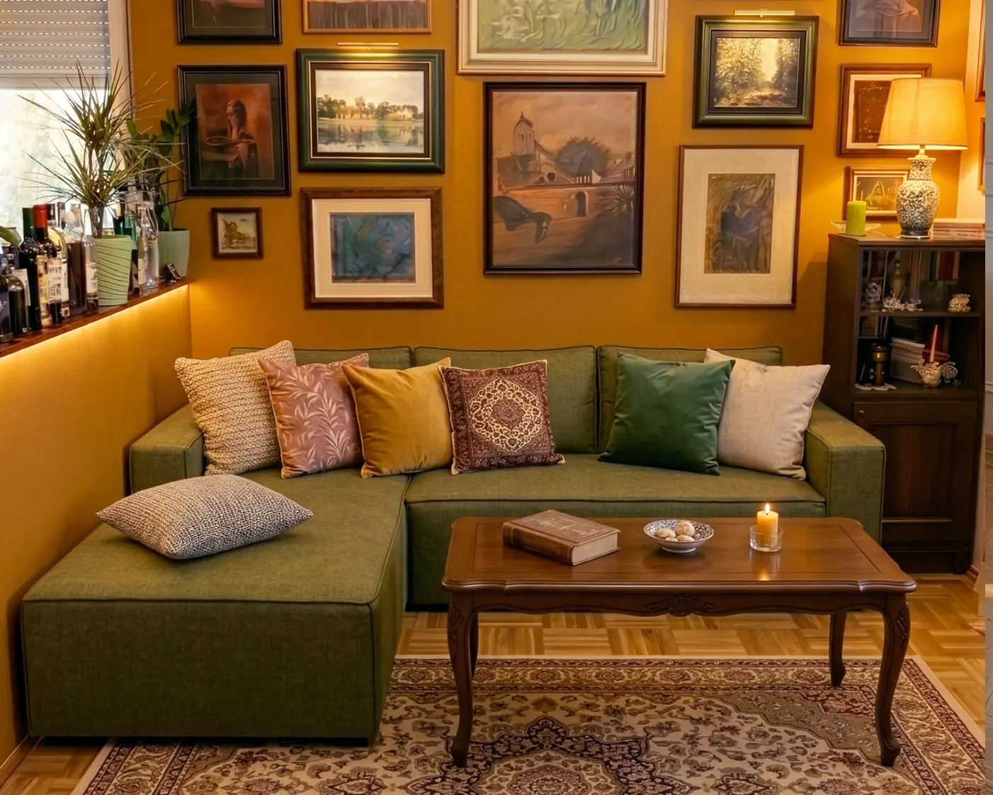 Dnevna soba sa zelenom ugaonom garniturom Dora Lux i galerijom slika pod toplim večernjim osvetljenjem